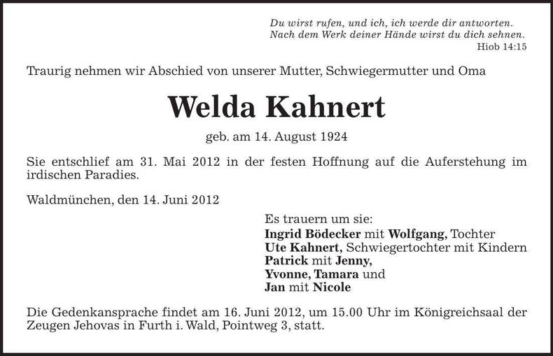 Traueranzeige Welda Kahnert