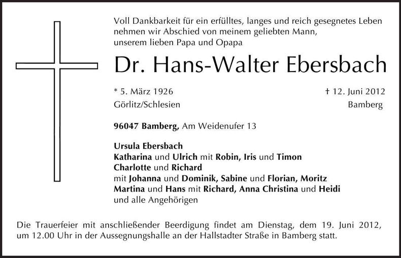 Traueranzeige Hans-Walter Dr. Ebersbach