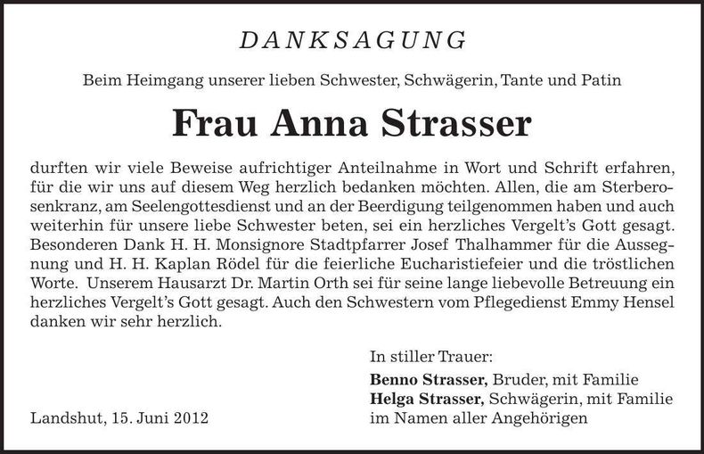 Traueranzeige Anna Strasser