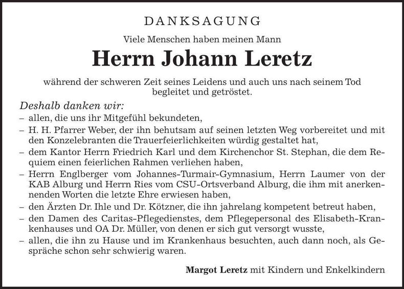 Traueranzeige Johann Leretz