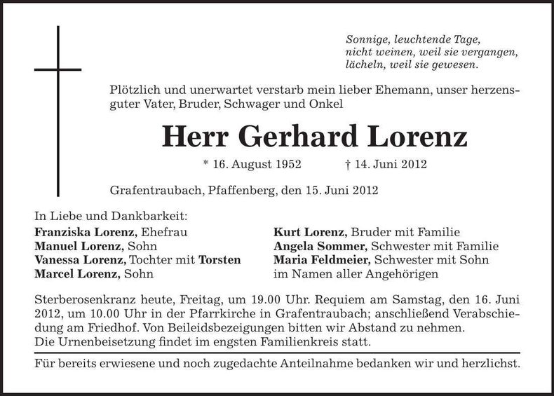 Traueranzeige Gerhard Lorenz
