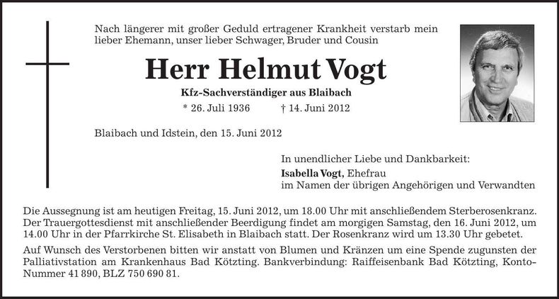 Traueranzeige Helmut Vogt