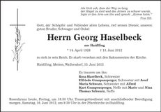 Traueranzeige Georg Haselbeck