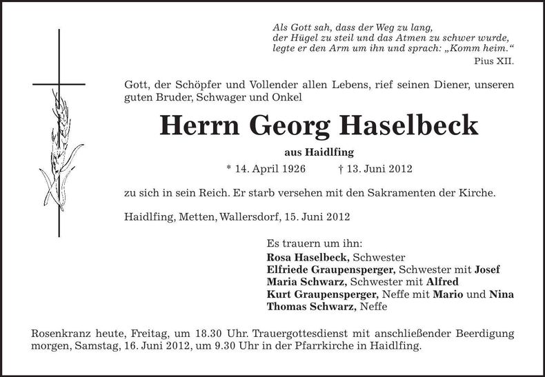 Traueranzeige Georg Haselbeck