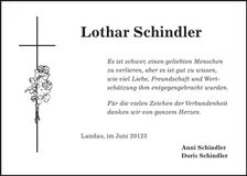 Traueranzeige Lothar Schindler
