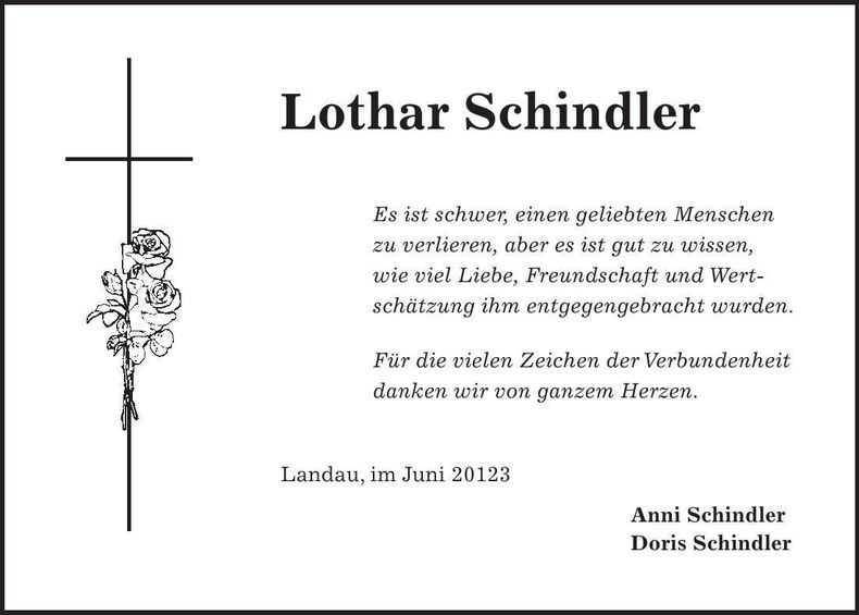 Traueranzeige Lothar Schindler