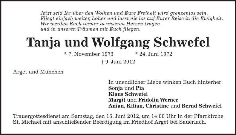 Traueranzeige Tanja Wolfgang Schwefel