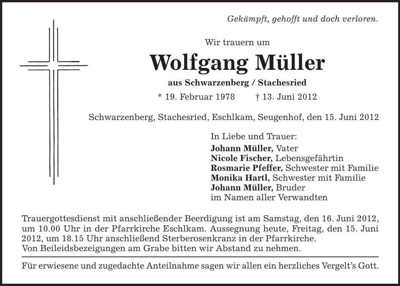 Traueranzeige Wolfgang Müller