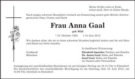 Traueranzeige Anna Gaal