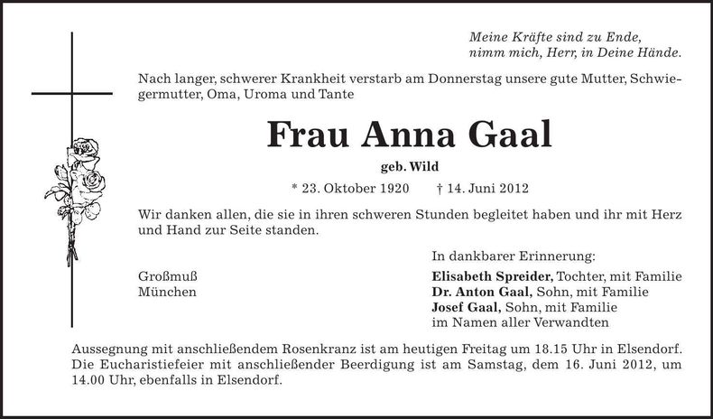 Traueranzeige Anna Gaal