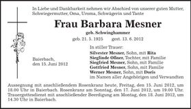 Traueranzeige Barbara Mesner