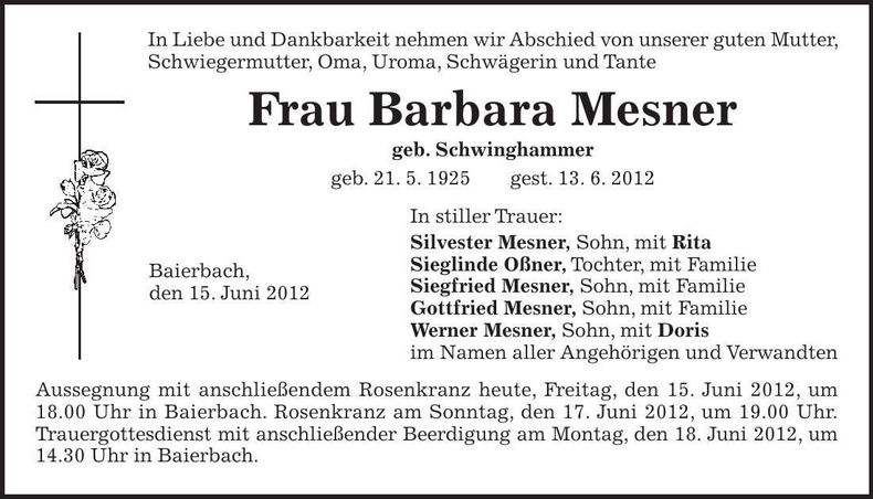 Traueranzeige Barbara Mesner