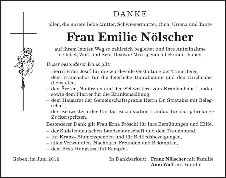 Traueranzeige Emilie Nölscher