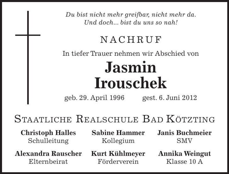 Traueranzeige Jasmin Irouschek