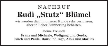Traueranzeige Rudi "Stutz" Blümel