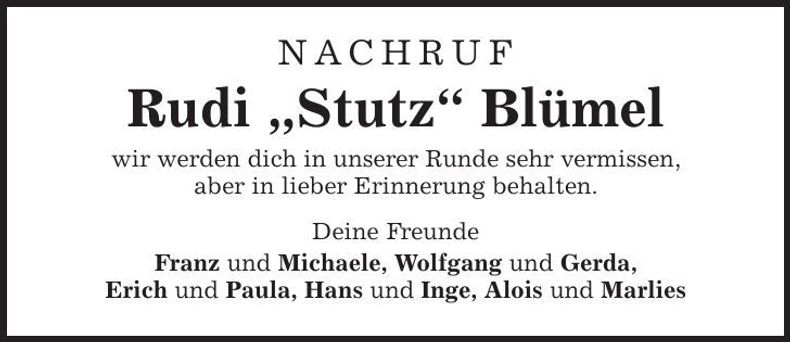 Traueranzeige Rudi "Stutz" Blümel