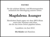 Traueranzeige Magdalena Asanger