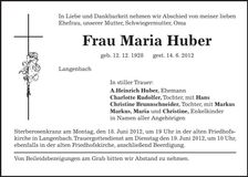 Traueranzeige Maria Huber