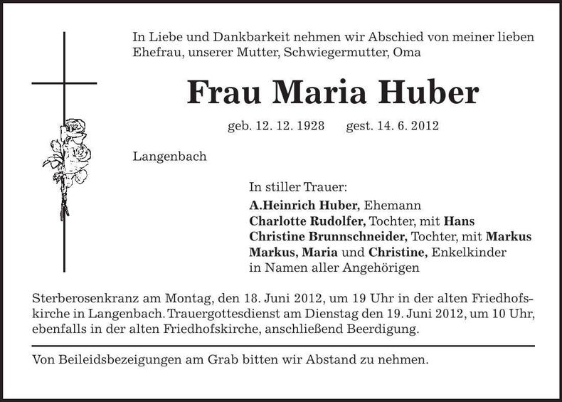 Traueranzeige Maria Huber