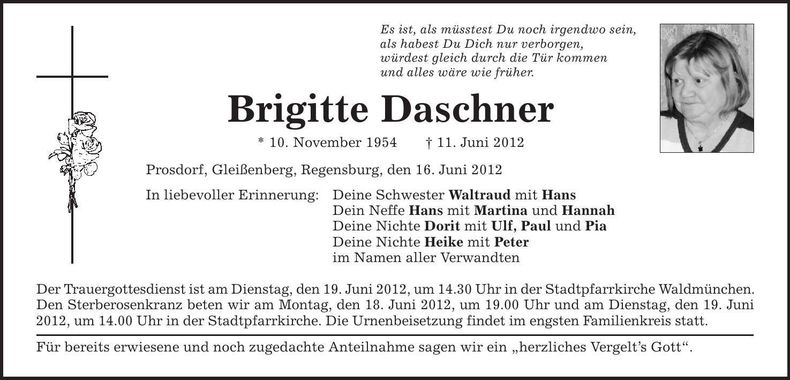 Traueranzeige Brigitte Daschner