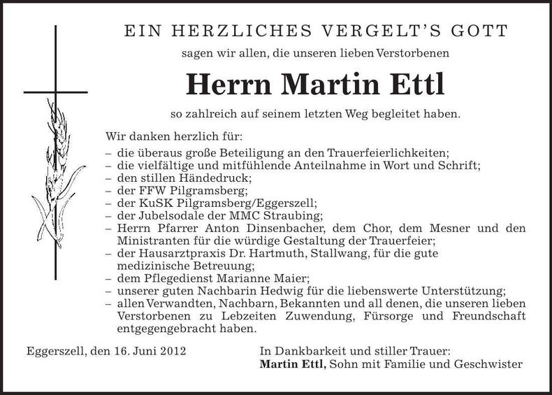 Traueranzeige Martin Ettl