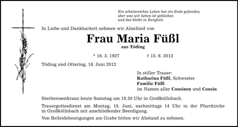 Traueranzeige Maria Füßl