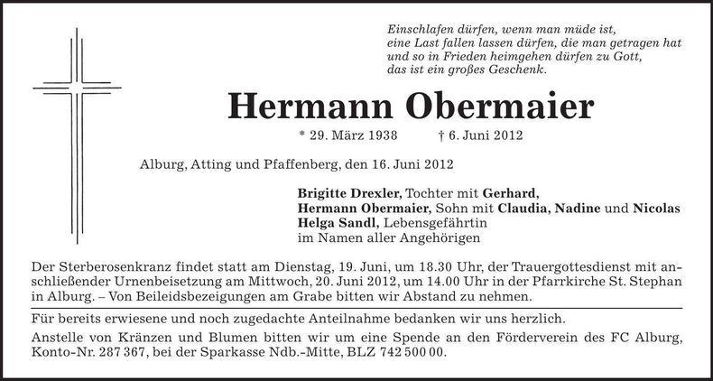 Traueranzeige Hermann Obermaier