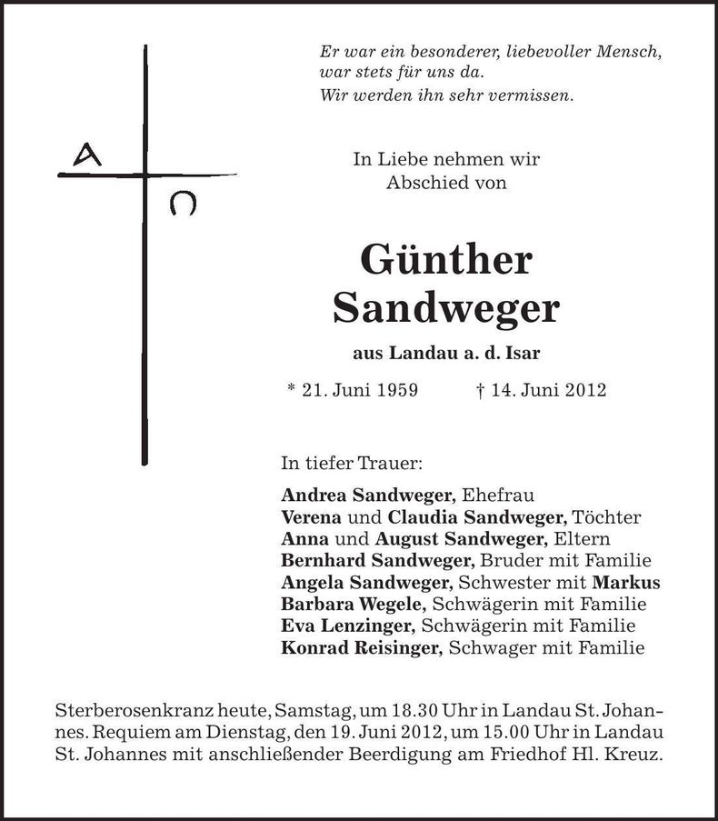 Traueranzeige Günther Sandweger