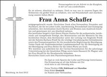 Traueranzeige Anna Schaffer