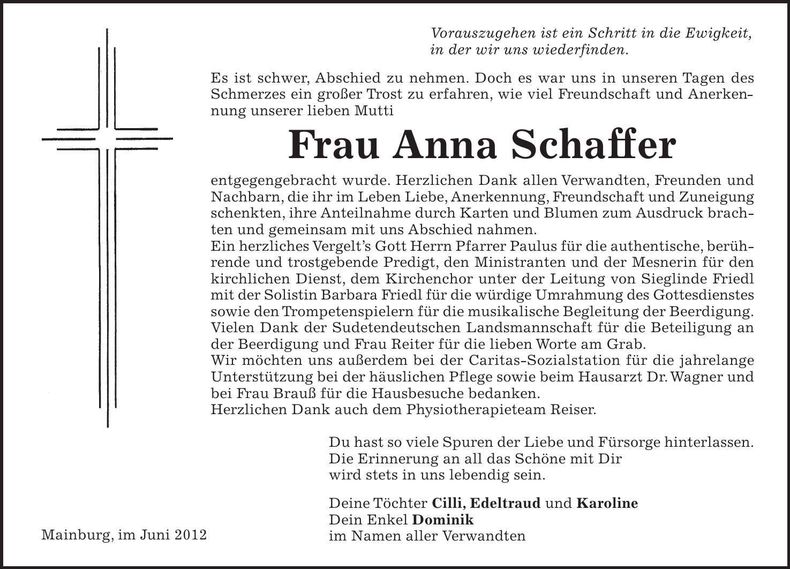 Traueranzeige Anna Schaffer