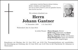 Traueranzeige Johann Gantner