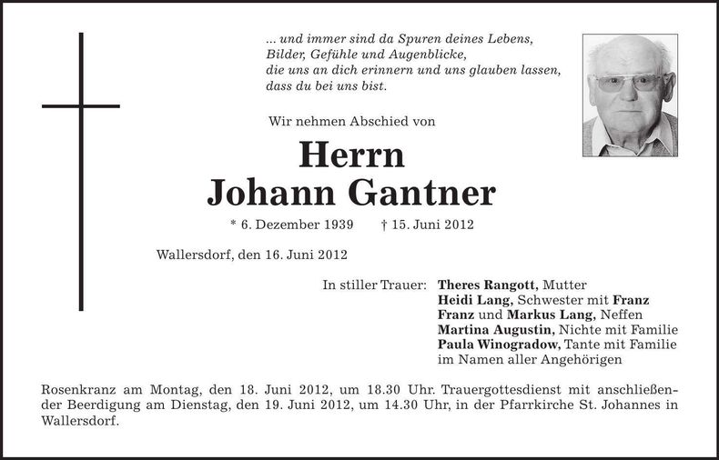 Traueranzeige Johann Gantner