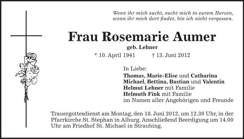 Traueranzeige Rosemarie Aumer
