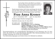 Traueranzeige Anna Kroner