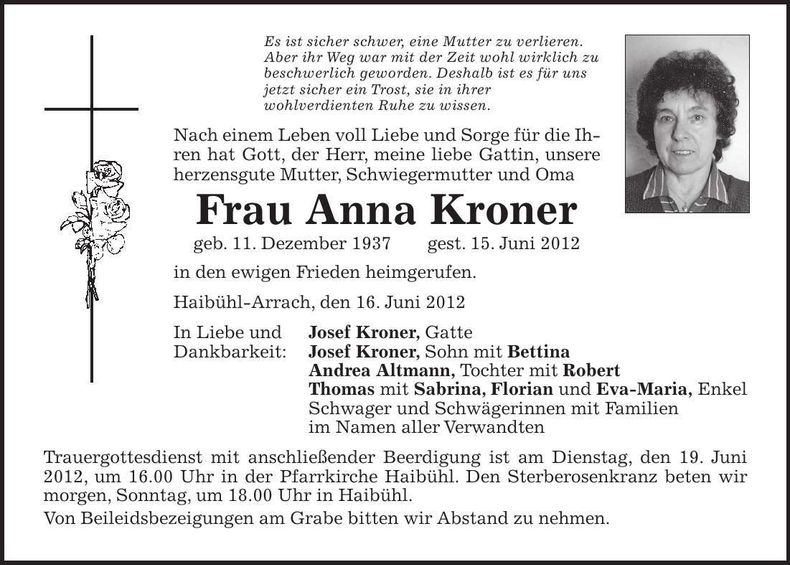Traueranzeige Anna Kroner
