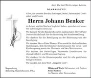 Traueranzeige Johann Benker