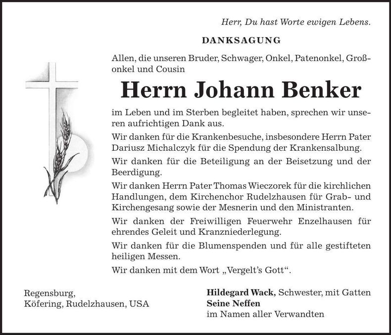 Traueranzeige Johann Benker
