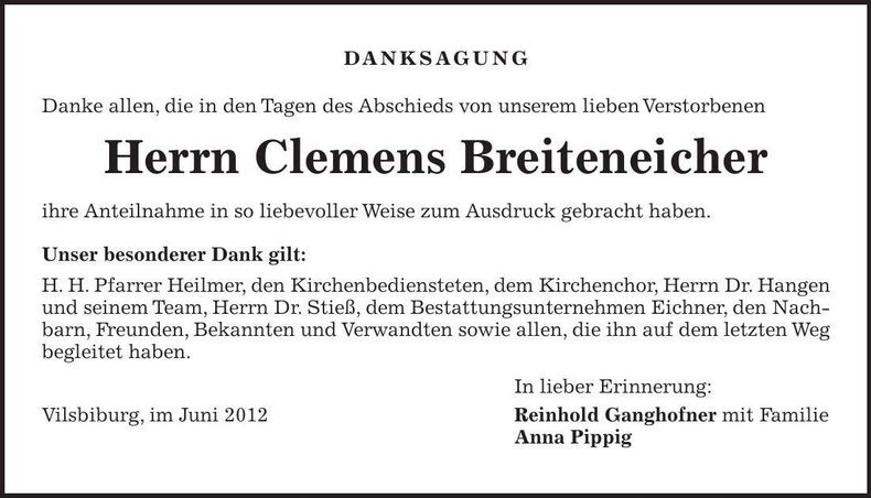 Traueranzeige Clemens Breiteneicher