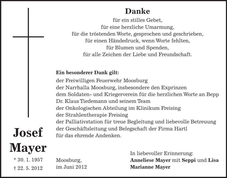 Traueranzeige Josef Mayer