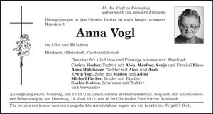 Traueranzeige Anna Vogl