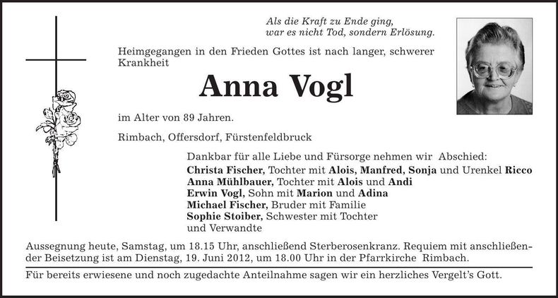 Traueranzeige Anna Vogl