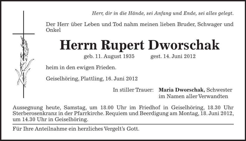 Traueranzeige Rupert Dworschak