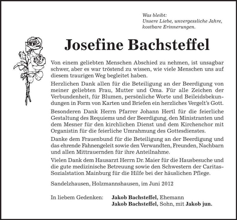 Traueranzeige Josefine Bachsteffel