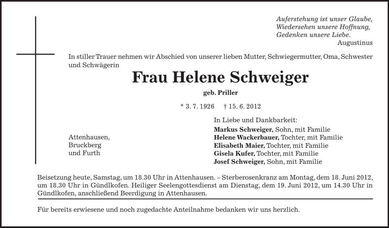 Traueranzeige Helene Schweiger