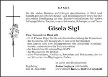 Traueranzeige Gisela Sigl