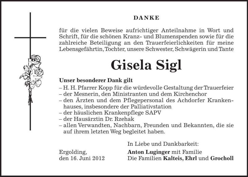 Traueranzeige Gisela Sigl