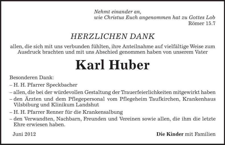 Traueranzeige Karl Huber
