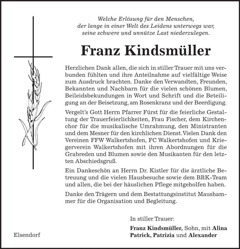 Traueranzeige Franz Kindsmüller