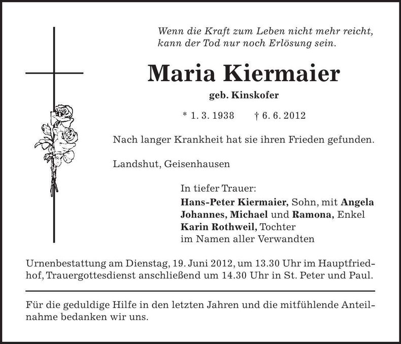 Traueranzeige Maria Kiermaier