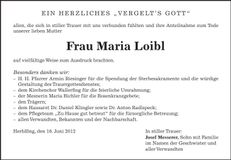 Traueranzeige Maria Loibl